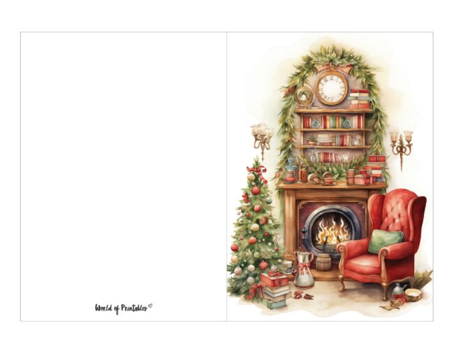 free printable christmas cards cozy fireplace