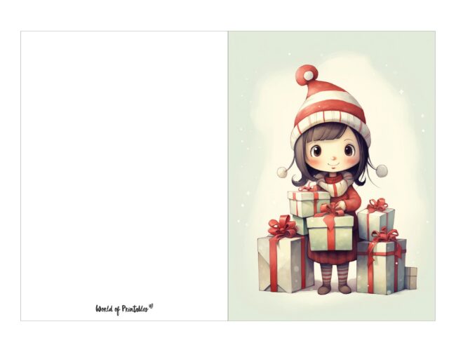 free printable christmas cards cute girl with gifts