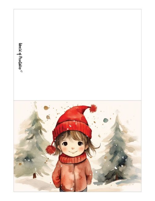 free printable christmas cards cute girl with trees