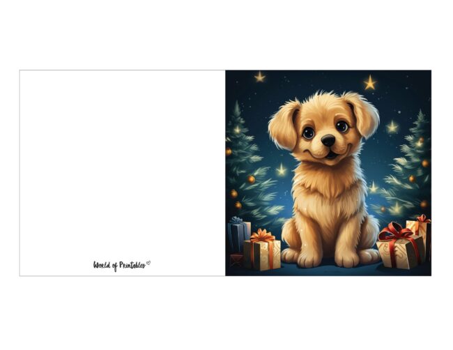 free printable christmas cards featuring puppy and gifts