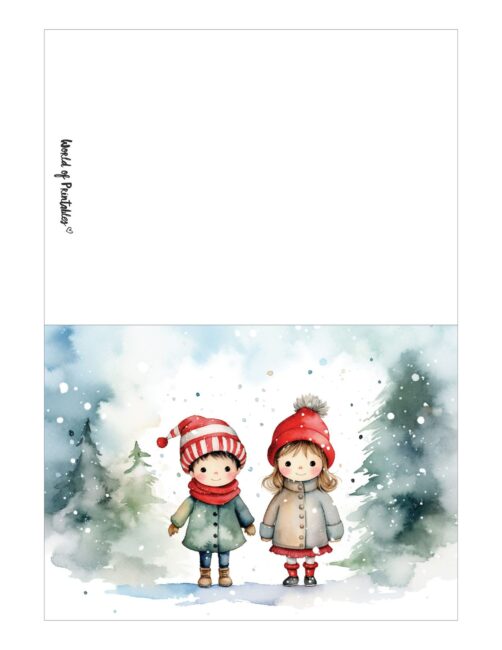 free printable christmas cards kids in snow and trees
