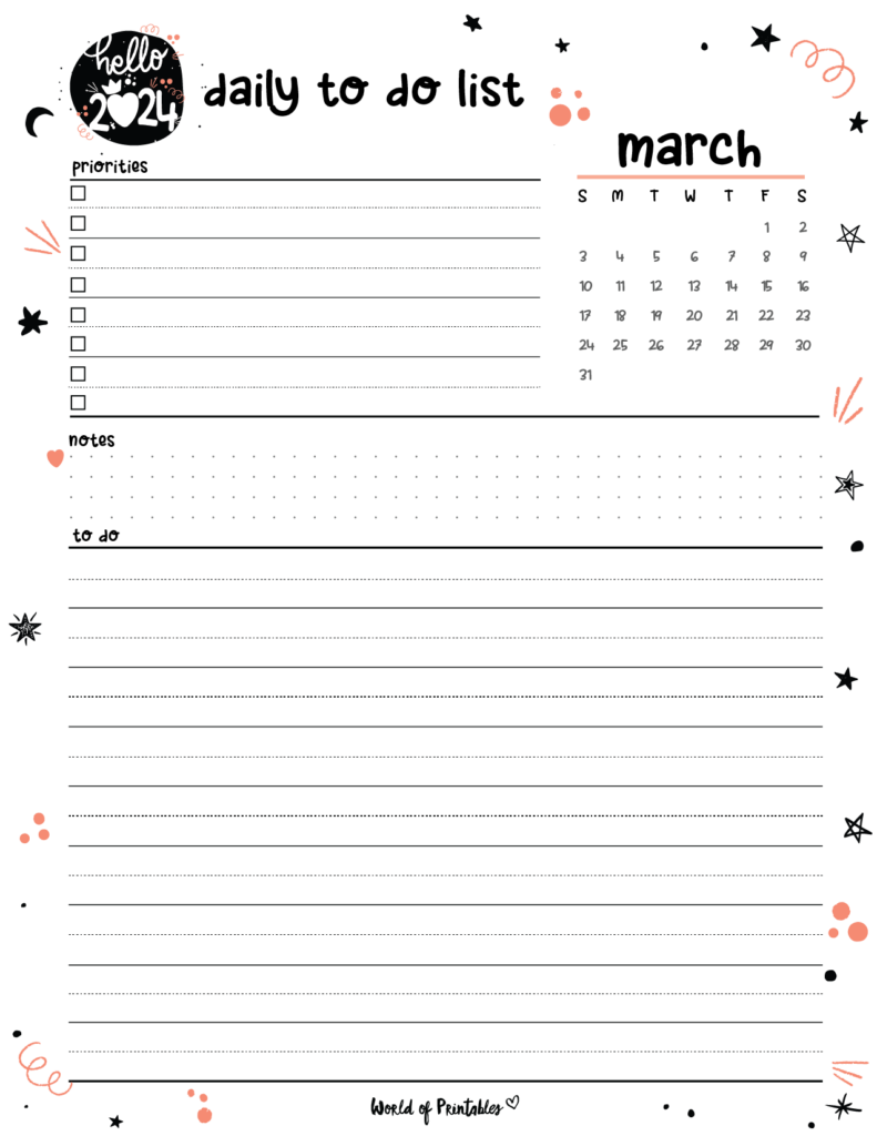 2024 Cute Planner - Daily To Do List - March