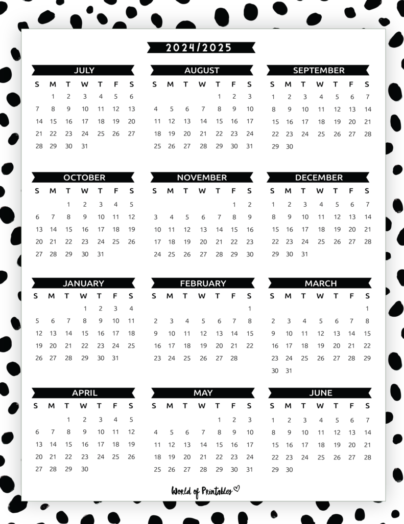 Black and White 2024 2025 School Year Calendar