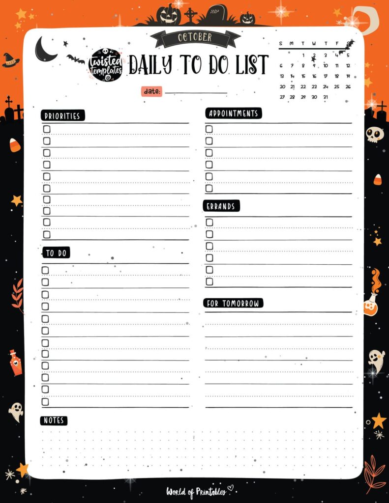 Halloween October Daily To Do List