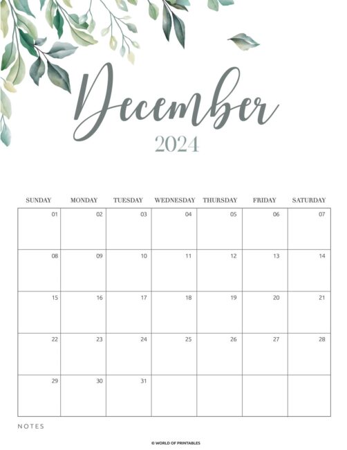 2024 December calendar botanical style