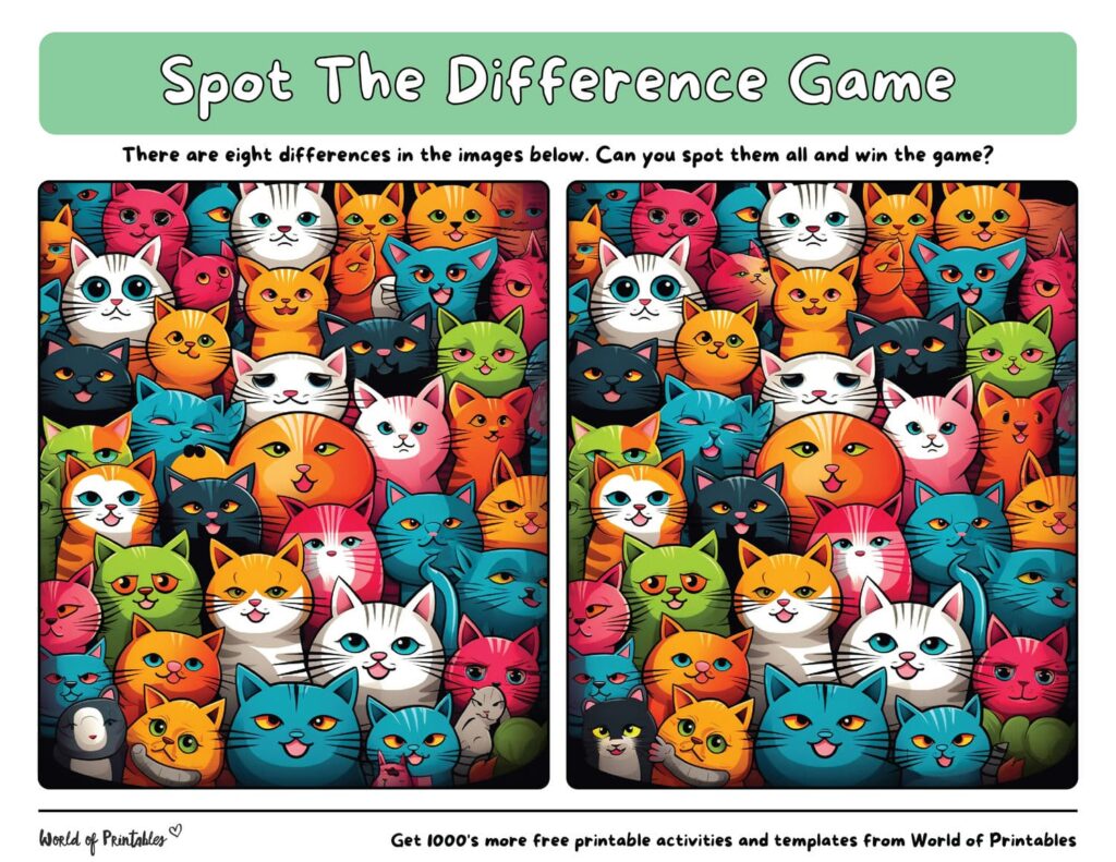Spot the Difference Animals Colorful Cats