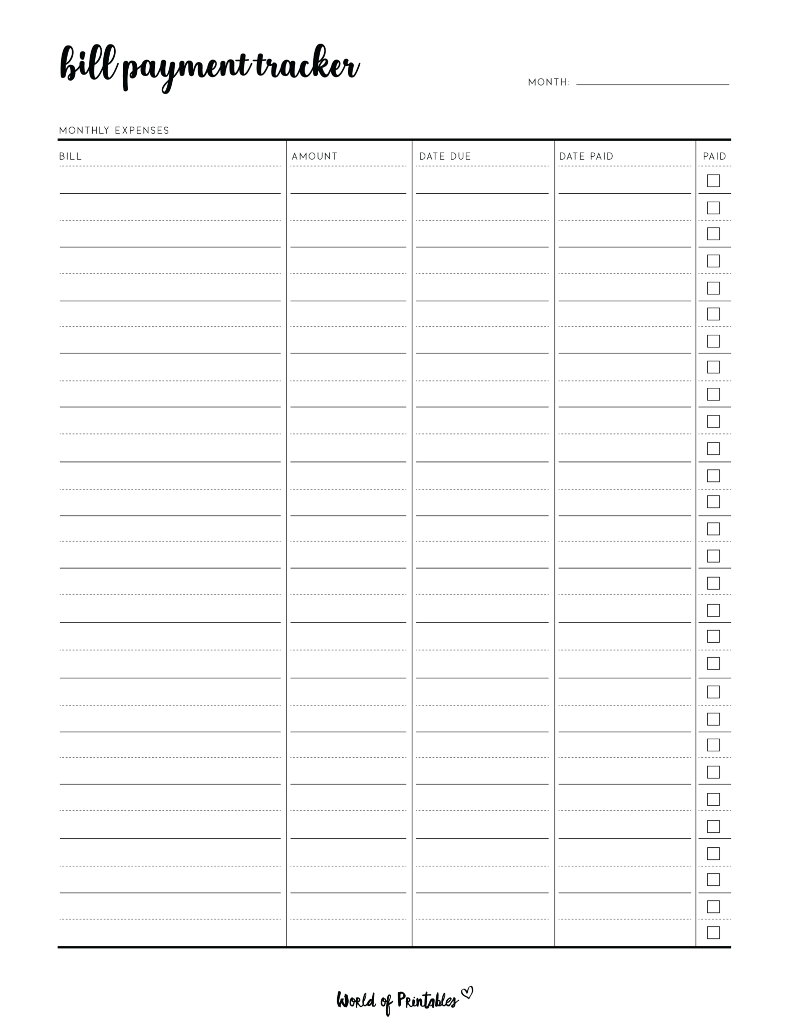FREE Printable Bill Tracker PDF - World of Printables