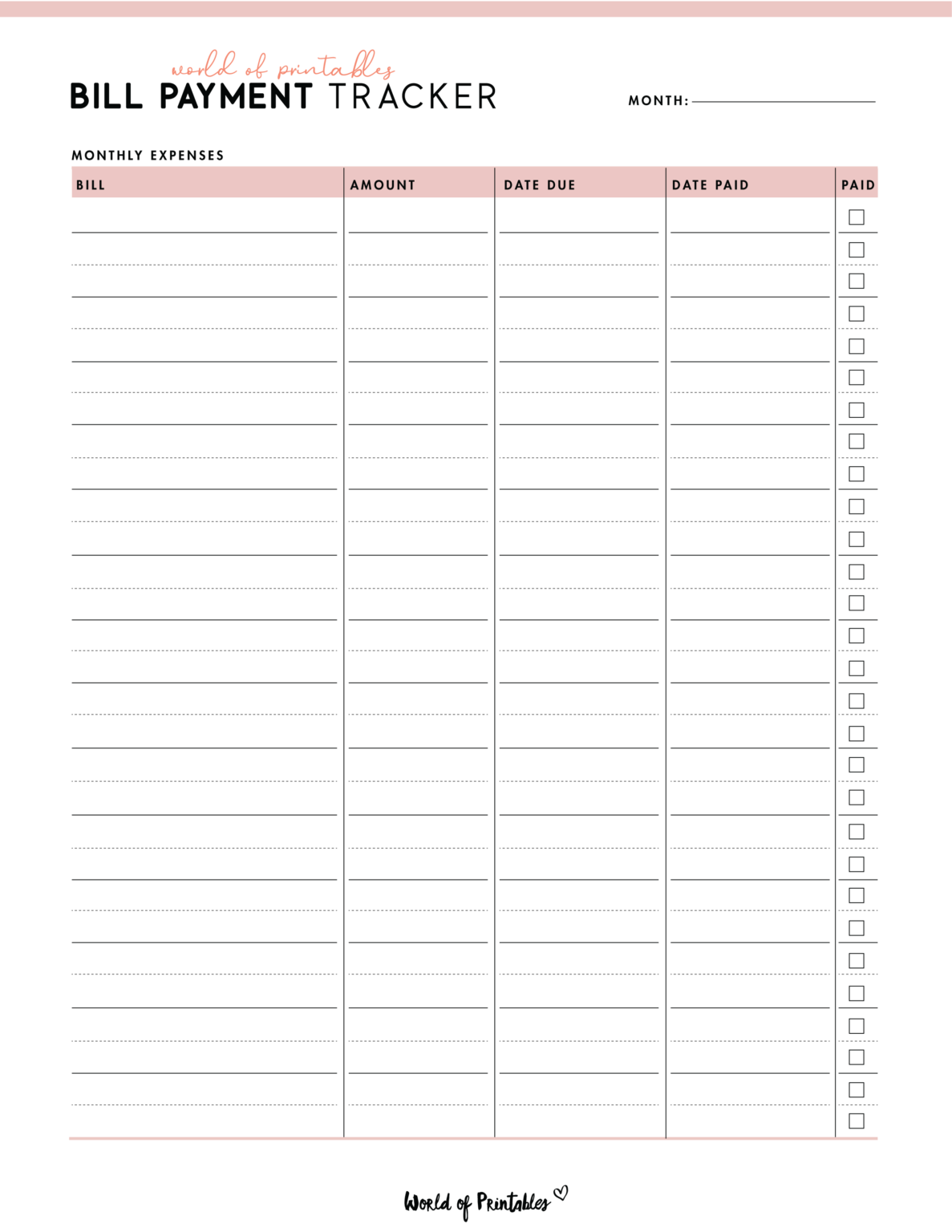 FREE Printable Bill Tracker PDF - World of Printables