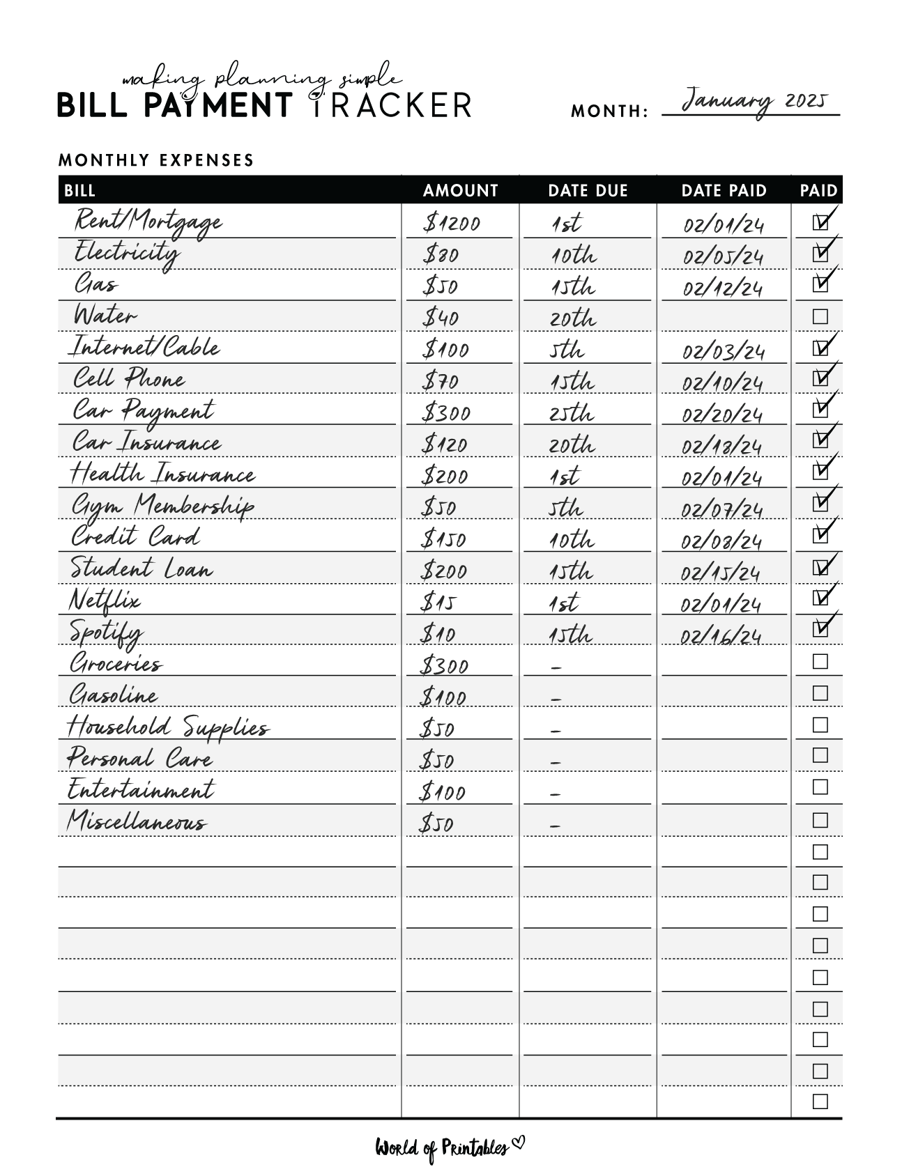 FREE Printable Bill Tracker PDF - Bill Payment Tracker Example 