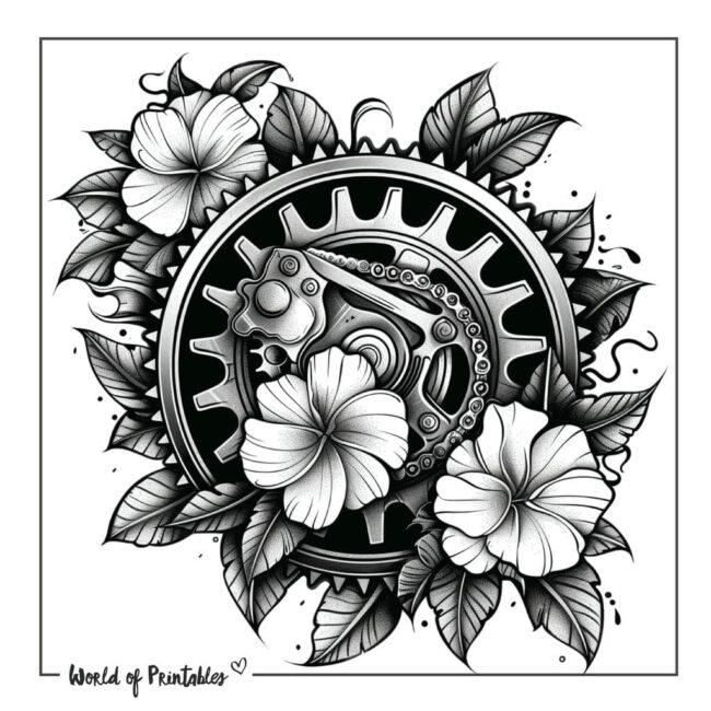 Bicycle Sprocket and Flowers Tattoo Designs