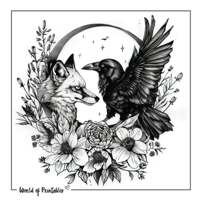 Floral Fox and Crow Tattoo Designs