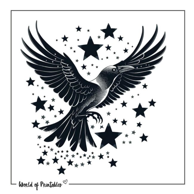 Flying Raven and Stars Tattoo Designs
