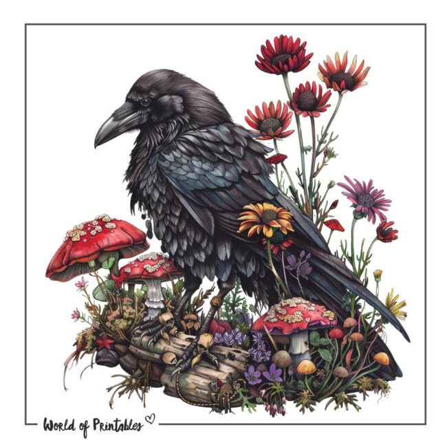 Raven and Flowers Tattoo Designs