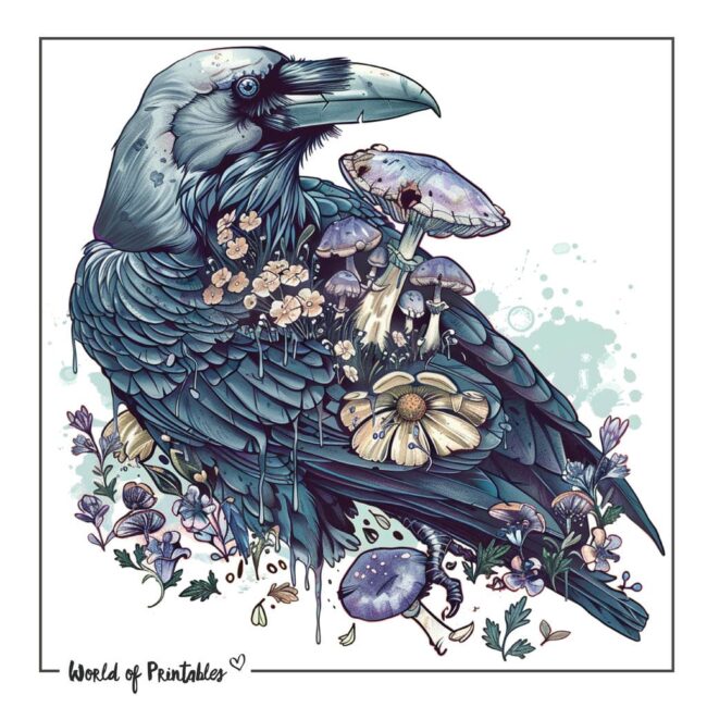 Raven and Mushrooms Tattoo Designs