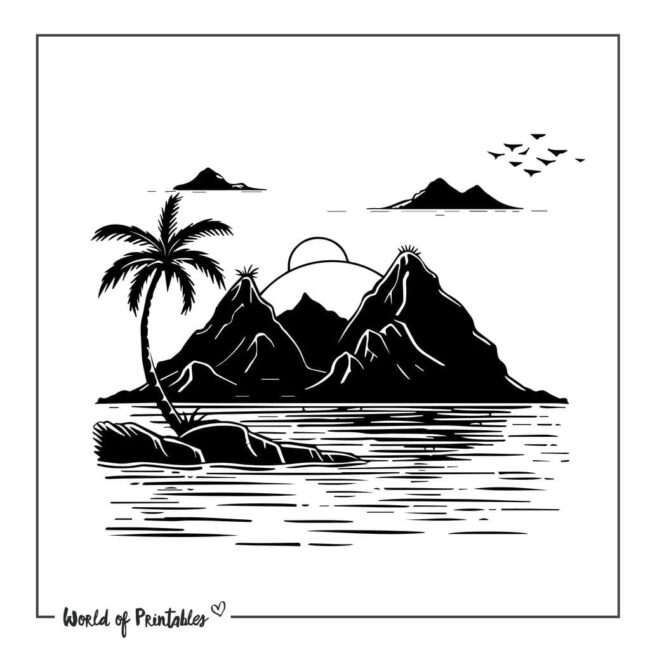 Silhouette Mountains and Beach Tattoo Designs