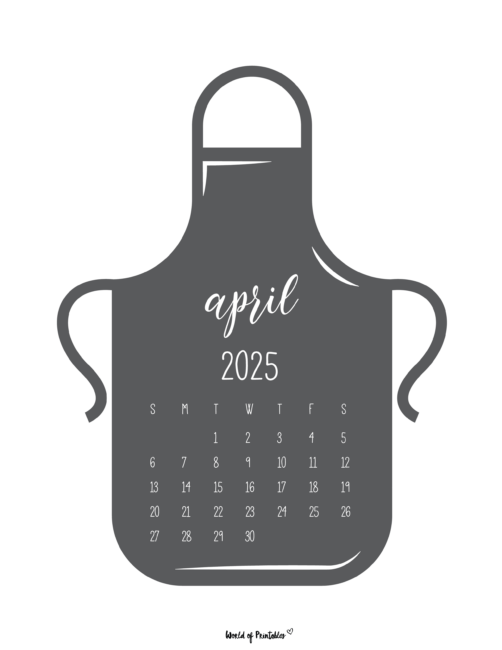 April 2025 Calendar Shaped Like a Grey Apron With Script Font
