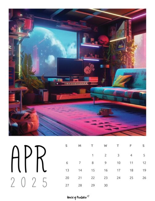 April 2025 Calendar With Anime Room Illustration