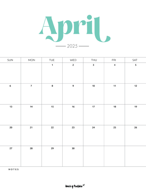 April 2025 Calendar With Bold Header in a Minimalistic Design With a Notes Section