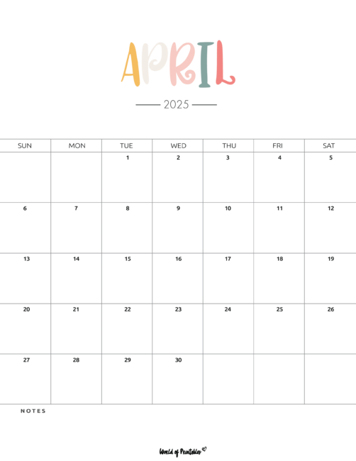 April 2025 Calendar With Colorful Header and Minimalistic Design and a Notes Section