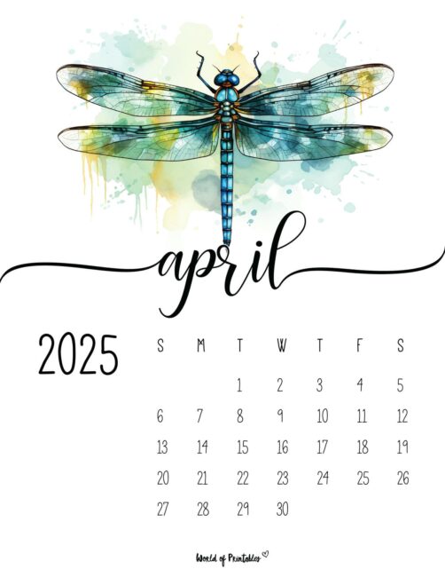 April 2025 Calendar With Colorful Watercolor Dragonfly Design and Elegant Script Text