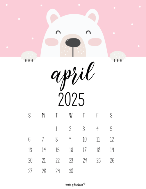 April 2025 Calendar With Cute Bear and Pink Background