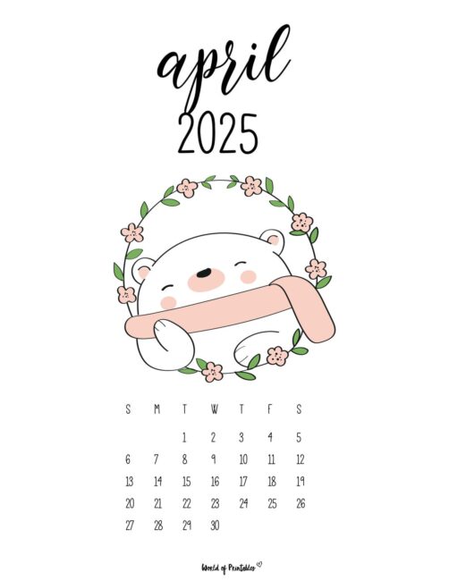 April 2025 Calendar With Cute Bunny and Floral Wreath Design