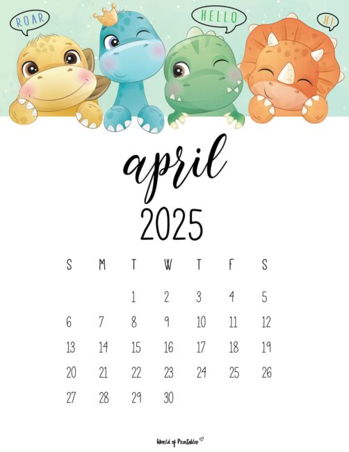 April 2025 Calendar With Cute Cartoon Dinosaurs and Playful Design