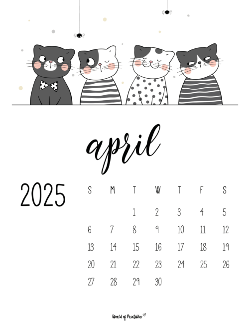 April 2025 Calendar With Cute Cats and Hanging Spiders Design