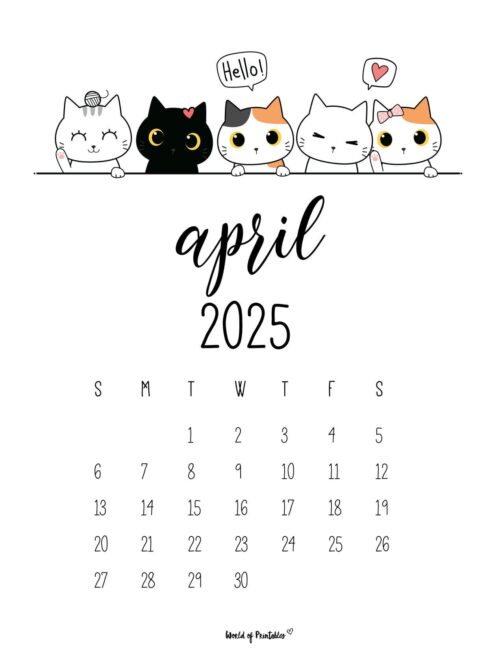 April 2025 Calendar With Cute Cats and Playful Design