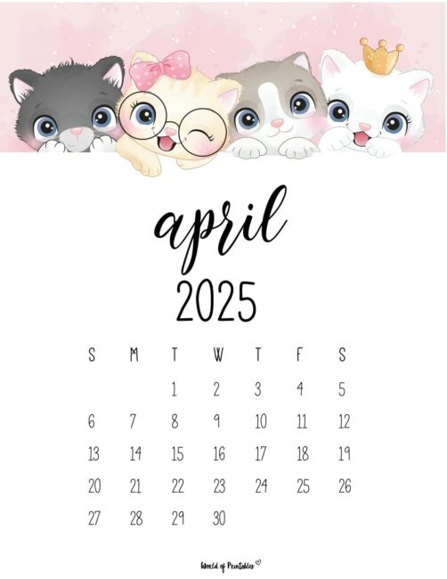April 2025 Calendar With Cute Cats and Playful Design Elements