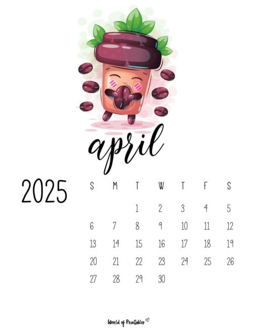 April 2025 Calendar With Cute Coffee Cup Illustration