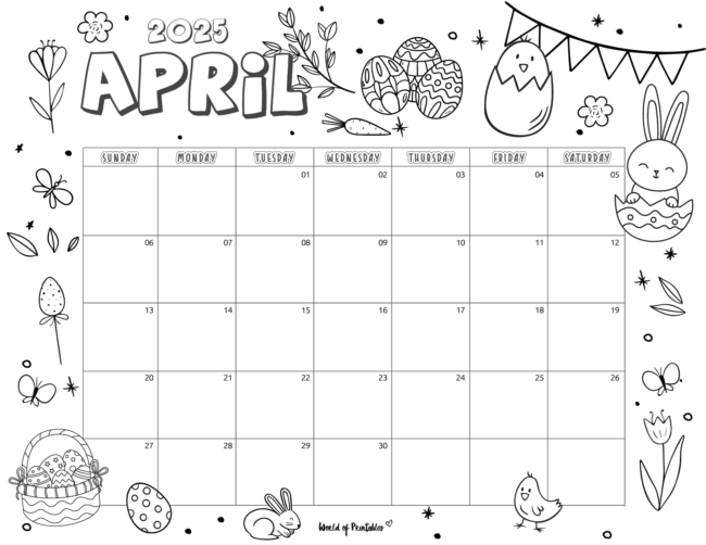 April 2025 Calendar With Cute Easter-Themed Doodles and Ample Writing Space