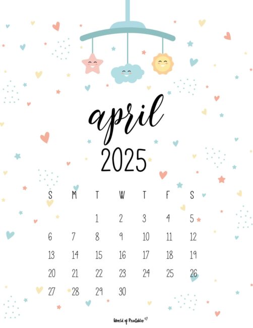 April 2025 Calendar With Cute Mobile and Heart Decorations