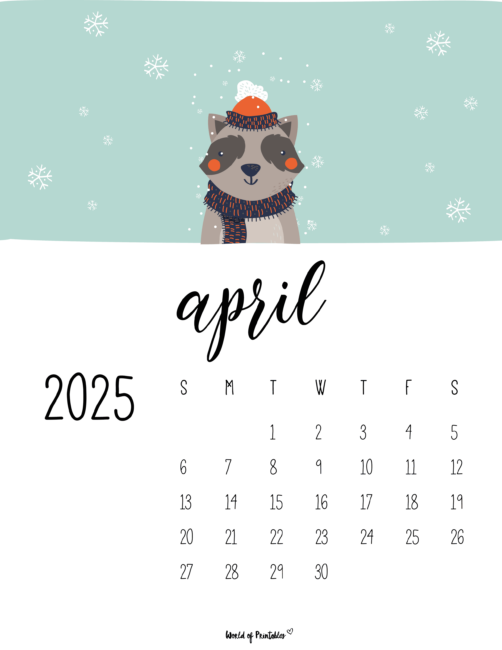 April 2025 Calendar With Cute Racoon in Scarf and Snowflakes