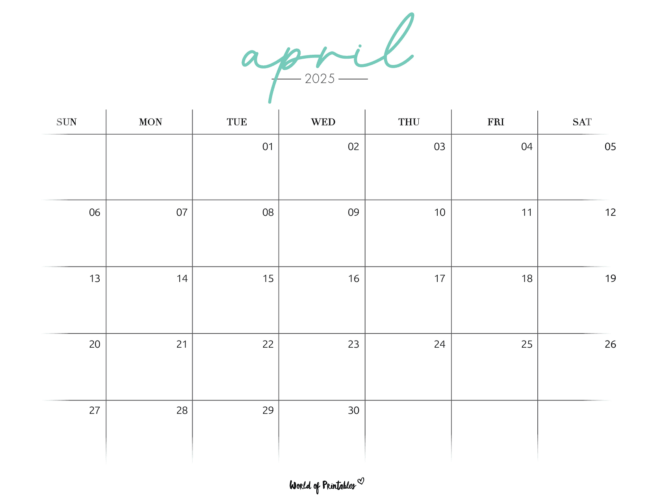 April 2025 Calendar With Elegant Script Font With a Spacious Layout in a Sunday Start Version