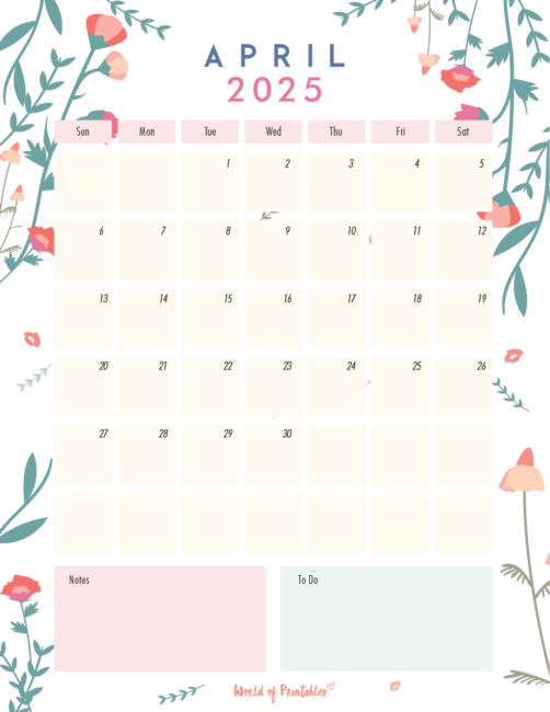 April 2025 Calendar With Floral Design and Notes and to-Do Sections