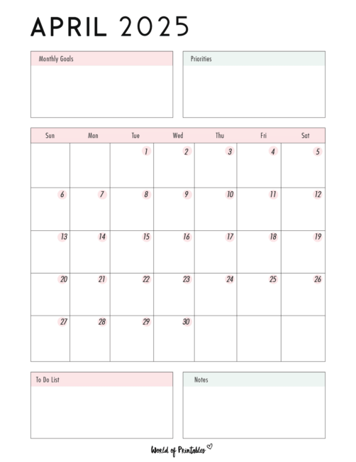 April 2025 Calendar With Goals and Priorities and to-Do List and Notes