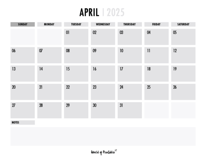 April 2025 Calendar With Gray Boxes for Each Day and Notes Section Below