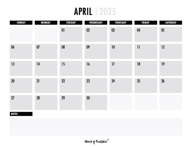 April 2025 Calendar With Gray Daily Boxes and Notes Section and Black Headers