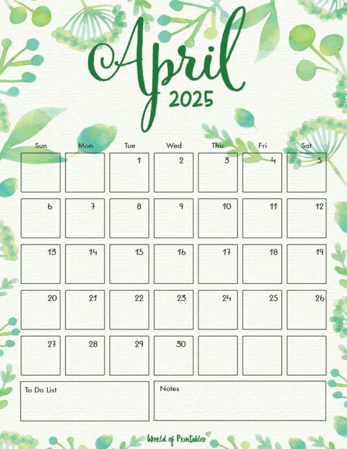 April 2025 Calendar With Green Botanical Design and Notes and to-Do Sections