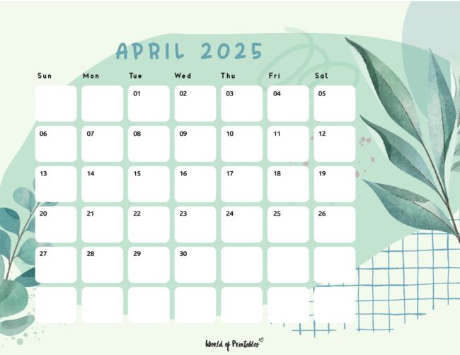 April 2025 Calendar With Green Leafy Design and Grid Accents