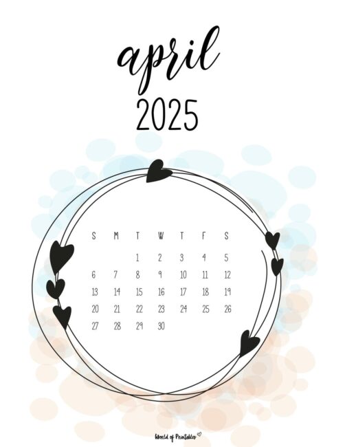 April 2025 Calendar With Heart Decorations and Colorful Background