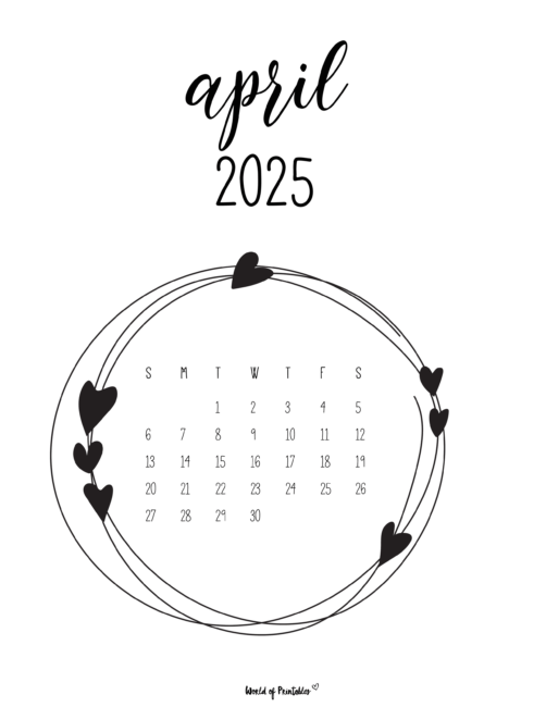 April 2025 Calendar With Heart Decorations and Elegant Script Font