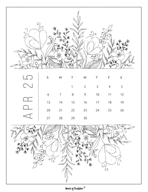 April 2025 Calendar With Intricate Floral Design and Vertical Text