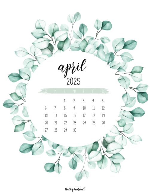 April 2025 Calendar With Leafy Wreath Design and Elegant Script