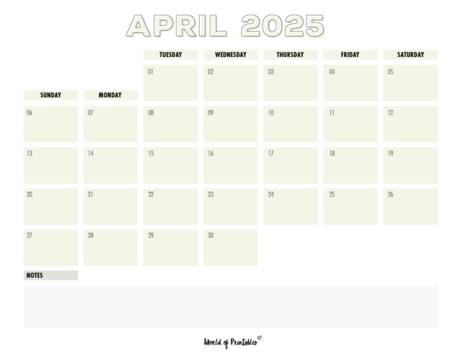 April 2025 Calendar With Light Blue Design With Large Header and a Notes Section