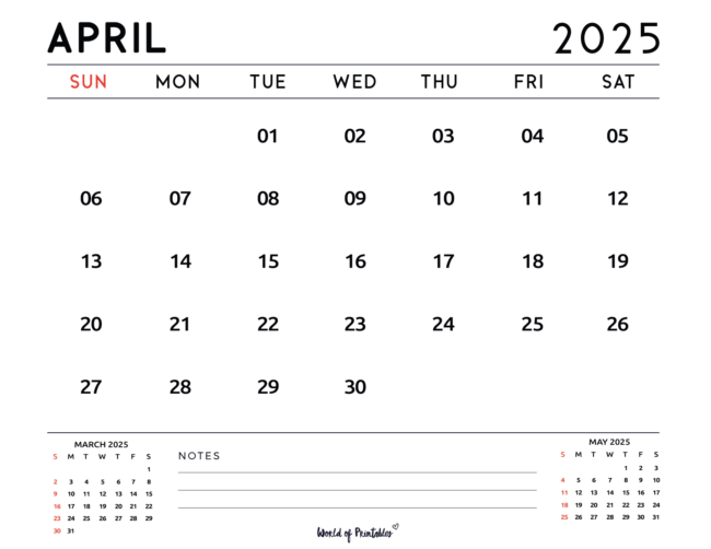 April 2025 Calendar With Notes Section With Mini Calendar Previews