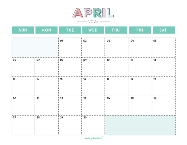 April 2025 Calendar With Pastel Colors and Dotted Squares for Each Day