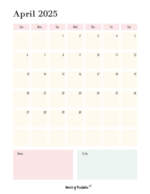 April 2025 Calendar With Pastel Colors and Note Sections