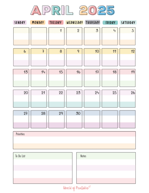 April 2025 Calendar With Pastel Colors and Priorities and to-Do List and Notes Sections